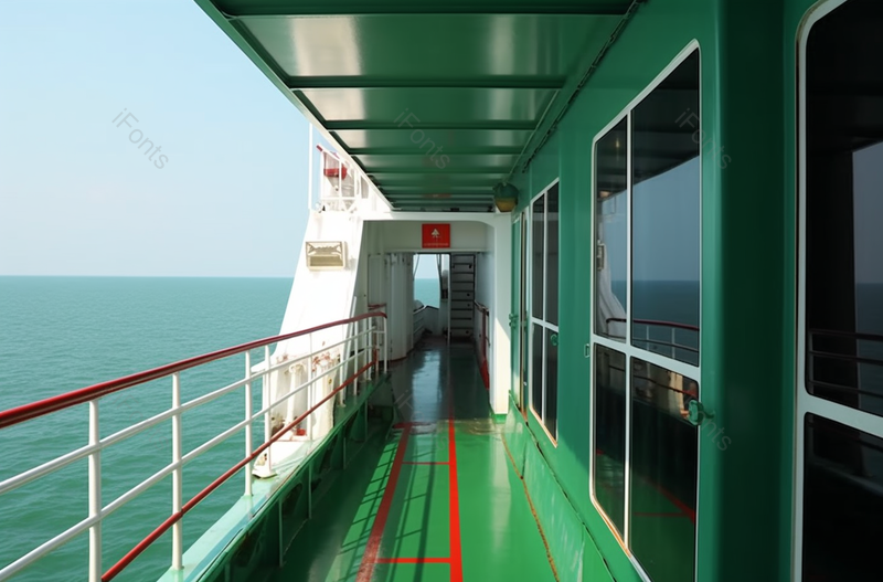 绿色游轮侧边走廊海景摄影图,高清,摄影图,摄影图片,图片大全,摄影图免费下载
